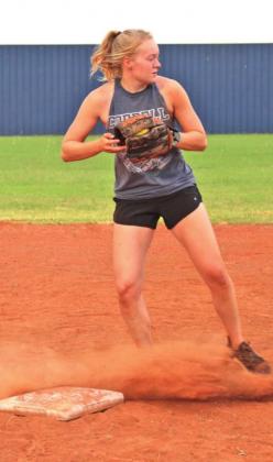 Andrea Palmer slides over the bag ready to launch the ball in softball practice.