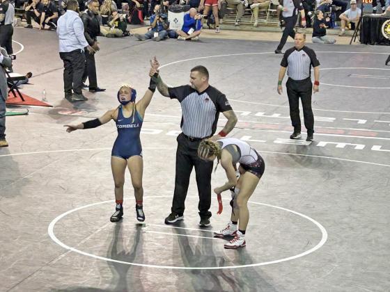 Referee raises Baylor Moore’s arm and declares her the Girls 5A 120 State Champion - Contributed Photo
