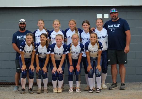 Back row (L to R) Assistant Coach Nathan Larsen, Rylee Larsen, Lakyn Rose, Natalie Hewitt, Ella Gatlin, Emma Holman, and Head Coach Buddy Holman. Front row (L to R) Tralynn Moss, Rylee Kelly, Kilie Rasmussen, McKinley Moore, and Zandalin Dudgeon. Photo b courtesy of Kilie's Perspective Photography.