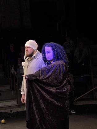 ‘A Christmas Chaos’ features the onstage acting debut of Cordell’s own Destiny Trent, who plays Fred/The Ghost of Christmas Future, shown here with Jacob Staggs as Scrooge. PHOTO BY GINA TRENT