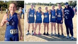 Left to right: Calliy Walker proudly shows first place medal. Group left to right: Jacon Vela, Lacey Meyer, Baylor Moore, Calliy Walker, Daniel Harjo, Coach Colby Love.