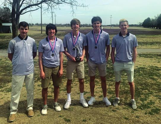 The Cordell Blue Devils boys golf team, from left, Tugger Selman, Raydon Kuehne, Carsen Nickel, Gaige Keister, and Parker Johnson. Photos courtesy of Brandon Gallagher.