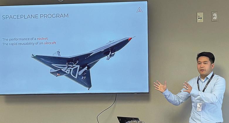 Lead Propulsion Engineer Ralph Huijsman gives a presentation over Dawn Aerospace’s Spaceplane, the MK-II Aurora. PHOTO COURTESY OF CDN