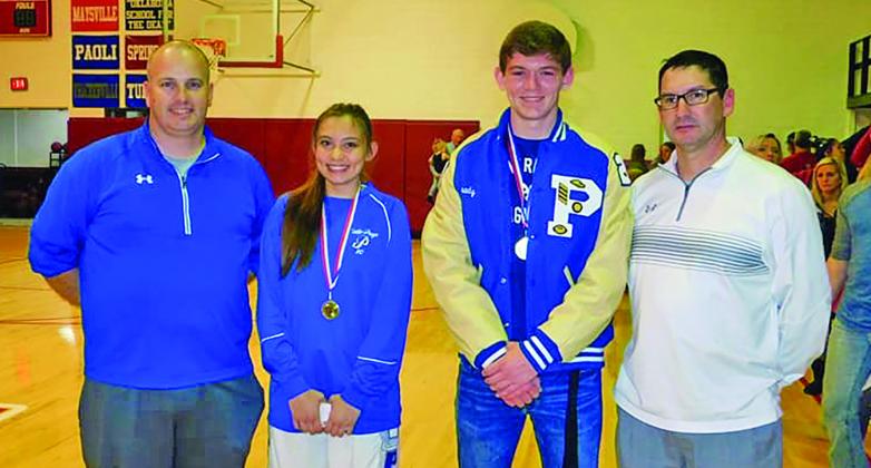 2019 SOUTH CENTRAL CONFERENCE ALL TOURN. TEAM PHOTO WITH PAOLI PLAYERS L-R COACH WILLIAMS, SHALENE HOBBS, BRODY BROOKS, BOYS COACH KASE MATHIS