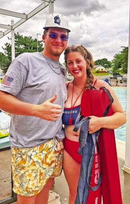 Left to right: Lifeguard Kendall Norris takes a break with Corben Dobbs, Lifeguard Morgan Dixon keeps close watch over swimmers, and pool-goers enjoy the twisty slide