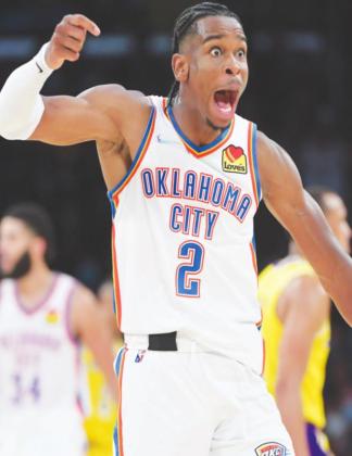 Oklahoma City Thunder guard Shai Gilgeous-Alexander (2) celebrates after a three-point basket in the fourth quarter against the Los Angeles Lakers at Staples Center. (Jayne Kamin-Oncea-USA TODAY Sports)
