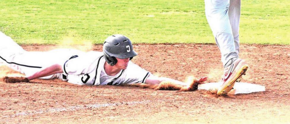 TOP RIGHT: Dane Corbin stirs up some dirt as he slides onto base BOTTOM LEFT: Bode Gallagher stretches out in the slide BOTTOM RIGHT: Teammates gather around Head Coach Bobby Blackburn PHOTOS BY CHARLINDA OGLE