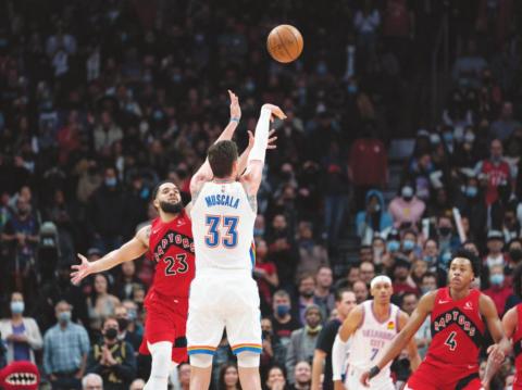 Oklahoma City Thunder center Mike Muscala shoots a 3- point basket during the fourth quarter against the Toronto Raptors at Scotiabank Arena. Photo: Nick Turchiaro-USA TODAY Sports