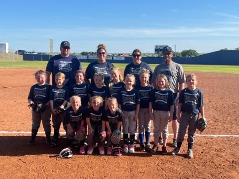 8U Back left to right: Kaylor Calloway, Milli Feltman, Ellison Holman, Sloane Roberts, Emerson Jones, Haylee Holt, Paige Kuczajida, Nixyn Hunter. Front left to right: Adalynn Delp, Revlynn Weems, Preslie Dickerson, Leah Victory. Coaches left to right: Buddy Holman, Morgan Roberts, Randi Hunter, Colten Holt