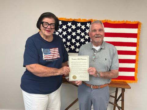Robetha Fariss, Chaplain of the Washita Chapter NSDAR, and Mayor Phil Kliewer display the official proclamation making September 17-23 Constitution Week in the City of New Cordell