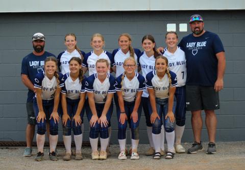 Back row (L to R) Assistant Coach Nathan Larsen, Rylee Larsen, Lakyn Rose, Natalie Hewitt, Ella Gatlin, Emma Holman, and Head Coach Buddy Holman. Front row (L to R) Tralynn Moss, Rylee Kelly, Kilie Rasmussen, McKinley Moore, and Zandalin Dudgeon. Photo b courtesy of Kilie's Perspective Photography. 