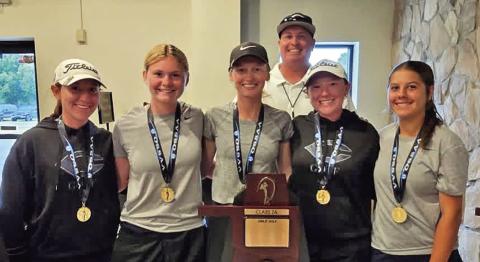 Girls golf team members Mackinlee Brunker, Kilie Rasmussen, Birdie Brown, Mylee Brunker, and Rylee Kelly with Coach JJ Williams