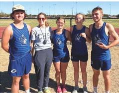 Group left to right: Eathan Fenning, Coach Julie Horn, Lacey Meyer, Calliy Walker, Jacob Vela.
