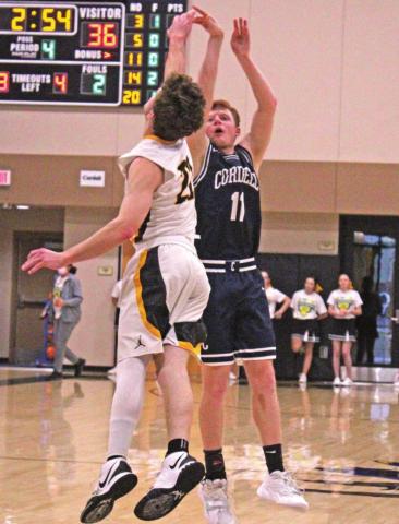 ABOVE: Brady Reimer, a senior for the Cordell Blue Devils, shoots a three-point shot during the Western Equipment Festival. AT RIGHT: Reimer shows off a hefty largemouth bass he caught. (CONTRIBUTED PHOTO) PHOTO BY FLORA WALTERS