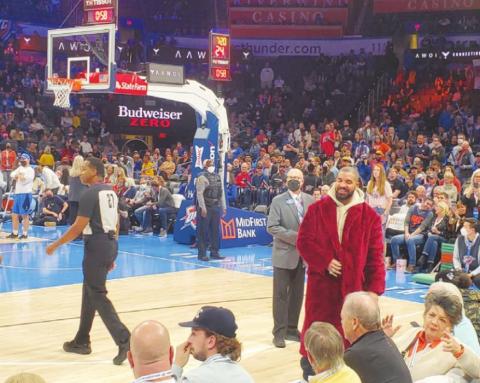 Drake stands courtside during a game at the Paycom Center on Wednesday, Dec. 1. (Photo: Scotty Maxwell)