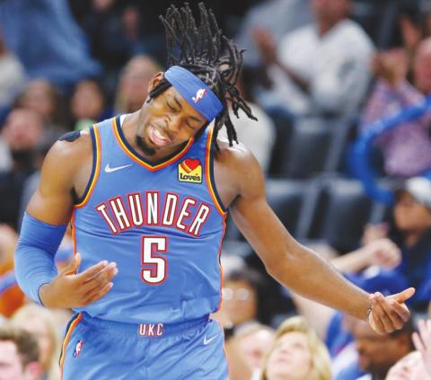 Oklahoma City Thunder forward Luguentz Dort celebrates after scoring against the Miami Heat during the second quarter at Paycom Center. (Alonzo Adams-USA TODAY Sports)