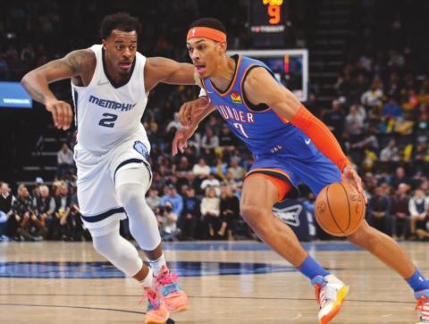 Oklahoma City Thunder forward Darius Bazley goes to the basket against Memphis Grizzlies center Xavier Tillman during the first half at FedExForum. (Justin Ford-USA TODAY Sports)