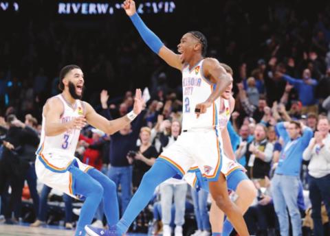 Shai Gilgeous-Alexander celebrates after shooting a 3-point basket at the buzzer to defeat the LA Clippers at Paycom Center. Oklahoma City won 104-103. Photo: Alonzo Adams-USA TODAY Sports