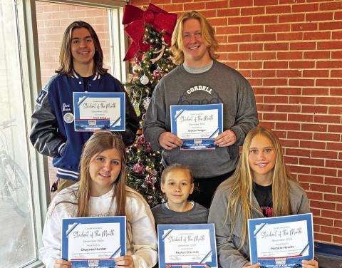 Cordell Secondary Schools’ Students of the Month are: back row, L-R Deni Brice and Bryton Yaeger. Front row, L-R Chaynee Hunter, Peyton Ellerman, and Natalie Hewitt.