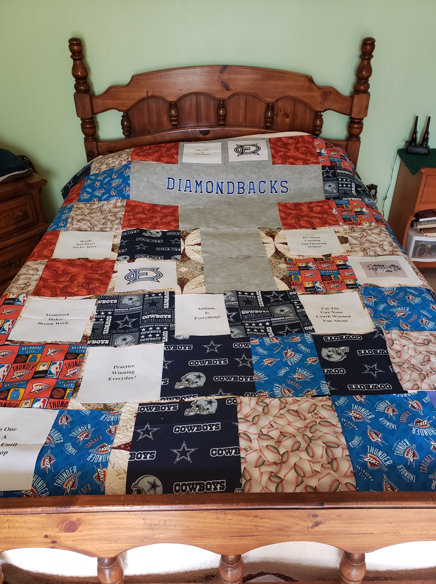 Mitchell created this quilt for a customer representing his dad, sports, and other things he loves.