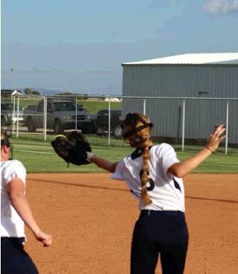Top left: Renee Javorsky makes a running basket catch against during the Snyder Tournament. Top right: Kamdyn Davis hauls in a fly ball to third base. Bottom: Abby Browley snags a fly ball in deep center. Bob Henline | The Cordell Beacon