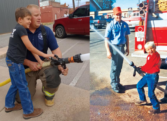 Left: Second generation firefighter Kolt Gray hangs on to the hose while his son Tuff watches the water fly. RIGHT: Kolt and his dad David Gray pose during Fire Safety Day in 1995. CONTRIBUTED PHOTO