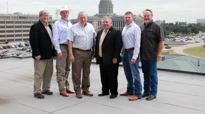 The founding ROCO board of directors (left to right) Rodd Moesel of OKFB, Michael Kelsey of OCA, Mason Mungle of FRC, Scott Blubaugh of AFR, and Jared Boehs of OK-NARO with Terry Stowers of the Coalition of Surface and Mineral Owners (far right). (Courtesy Photo)