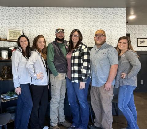 Harper Veterinary Services staff members: Dr. Devyn Weichel, Raylee Bookout, Dr. Kyle Harper, Makenzie Harper, Avery Ramirez, and Maggie Johnson