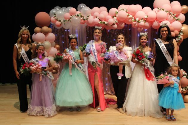 Listed from left to right are pageant hostess Miss SWOSU Outstanding Teen 2023 Landri Jones, Little Miss Washita County Fair Kendallyn Gossen, Junior Miss Washita County Fair Bailey Gossen, Miss Washita County Fair Taylor Sullivan, Tiny Miss Washita County Fair Frankie Jo Sullivan, Teen Miss Washita County Fair Rylee Kelly, pageant hostess Miss SWOSU Megan Bradley, and Mini Miss Washita County Fair Kaeslyn Ervin. Photo by Micheal Palmer