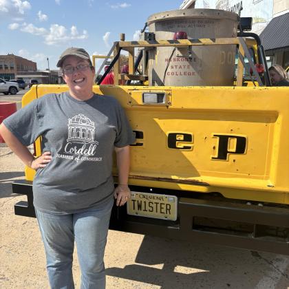 Cordell Chamber of Commerce’s Sarah Lau stands next to ‘Jo’s Truck’ from the 1996 movie Twister CONTRIBUTED PHOTO