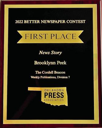 Cordell Beacon’s Brooklynn Peek wins several awards in OPA’s Better Newspaper contest