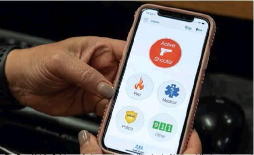The Rave Mobile Safety app features a large “active shooter” button at the top and several other buttons for reporting emergencies. Whitney Bryen | Oklahoma Watch