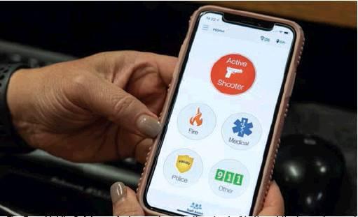The Rave Mobile Safety app features a large “active shooter” button at the top and several other buttons for reporting emergencies. Whitney Bryen | Oklahoma Watch