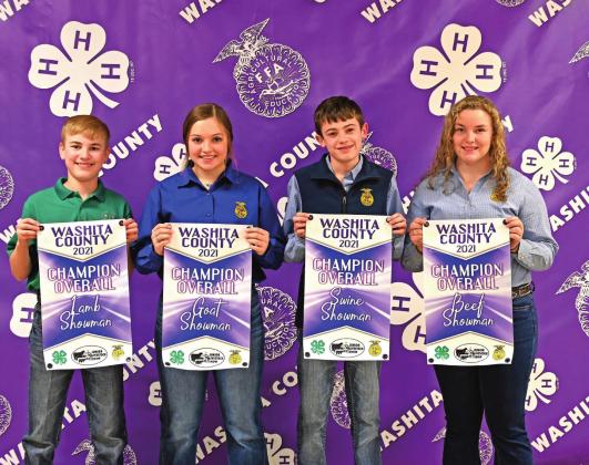 The Champion Overall Showman of each species: Sheep, Colt Randall, Canute; Goat, Madison Church, Canute; Swine, Luke Rozell, Sentinel and Beef, Keegan Holt, Cordell. CONTRIBUTED PHOTOS