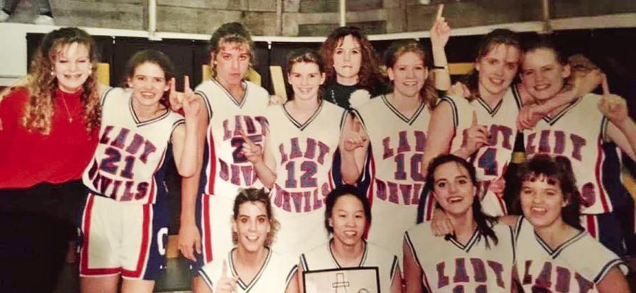 Top right: Erin Crabb eyes the basket Lower left: 1993 CHS Girls Basketball team and coaches Lower right: Excitement shows as the girls finish a win