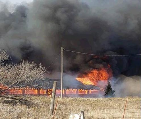 A fire consumes an unused outbuilding during a Saturday grass fire. Photo courtesy of Cordell Fire Department.
