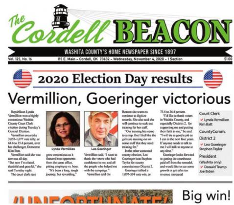 The Nov. 4 front page of the Beacon. CORDELL BEACON