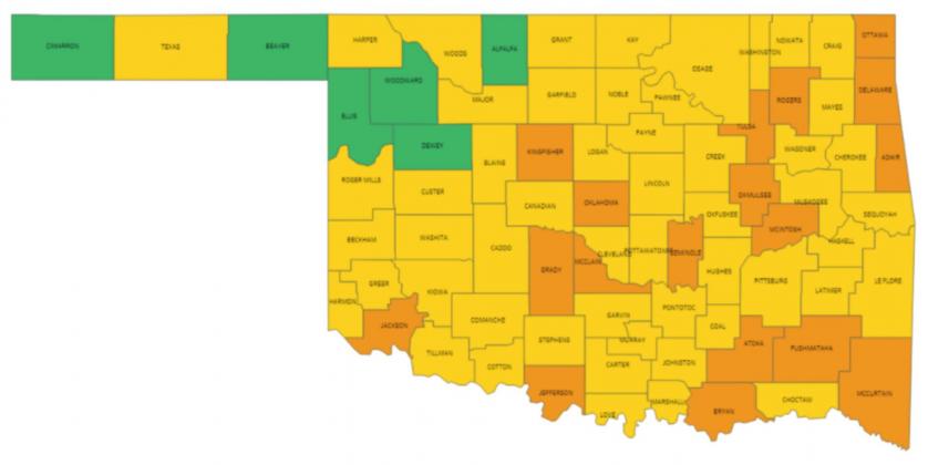Oklahoma’s color-coded COVID-19 Alert System uses green to indicate a normal risk level, yellow low risk, orange moderate risk and red high risk.