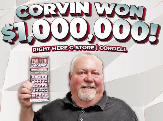 As seen on social media and heard throughout town, Corvin Smith of Cordell hit the $1 million jackpot on a Platinum Jackpot Scratcher he purchased from Right Here C-Store. When asked how this has and will affect his life, Smith was at a loss for words. Congratulations on your winnings!