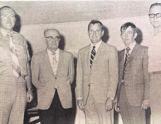 Pictured left to right are: Jim Lawrence, Lockwood Jones, Governor Dewey Bartlett, Dr. Tisdal Jones, and Bill Nichols.