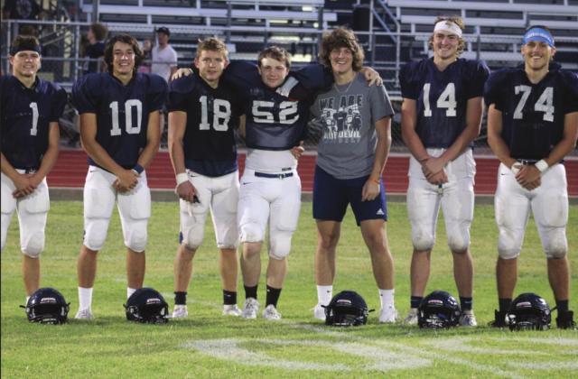 Cordell High School Blue Devil football seniors posed for a group photo before the scrimmage held on Friday, August21, 2020. Pictured, from the left, are Dane Corbin, Raydon Kuehne, Adden Zanghi, Devon Christian, Cameron Cochran, Bode Gallagher, Gavin Jasmer.The season is scheduled to begin on Friday, August 28, with longtime rival Sayre.