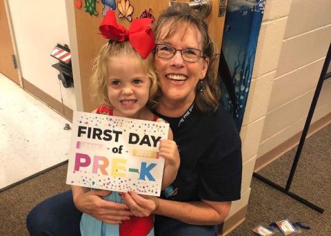 Mrs. Horn welcomes one of her new students on the first day of school 2018. CONTRIBUTED PHOTO