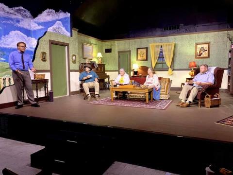 The cast of “Over the Hill and Through the Woods” run through the show during rehearsals ahead of opening night. From left to right: Benjamin Mills, Jim Hull, Sharon Hull, Christy Russell, and Benjamin Dobbs. CONTRIBUTED PHOTO