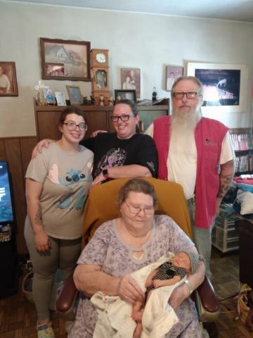 Five generations included Gladys Pool (center) and her great-great grandchild Graesyn Sylvester, Graesyn’s mom Kayley Sylvester (left), Kaylee’s mom Holley Dunn (top center), and Holley’s Dad Bud Wess (right)