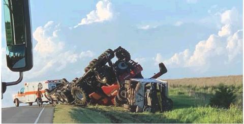 Cordell Fire and Rescue responded to a vehicle rollover on Highway 54 near Cloud Chief Wednesdsay, June 19, 2019, in support of Cloud Chief Fire and Rescue. A harvester, belonging to Ediger Harvesting of Inman, Kan., rolled off the road nearly a mile north of Cloud Chief at approximately 6:50 p.m. No injuries were reported from the accident. Photo courtesy of Cordell Fire and Rescue.