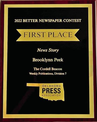 Cordell Beacon’s Brooklynn Peek wins several awards in OPA’s Better Newspaper contest
