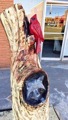 Local wood carving artist Matt Giblet recently created two sculptures on Cordell’s dowtown square