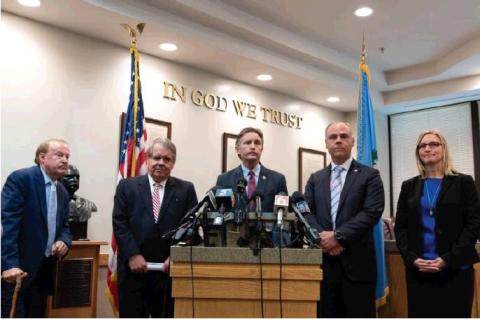 Attorneys for the state of Oklahoma, as well as Attorney General Mike Hunter and Terri White, mental health and substance abuse commissioner, address the media after a Cleveland County judge awarded $572 million in a landmark verdict in the state’s opioid case. Whitney Bryen | Oklahoma Watch
