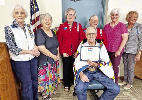Marilyn Wilson, Doris Minor, Marci Grant, Kathryn Harrison, Ann Graham, Carol Ann Batterton members of Washita Chapter at the Quilt of Valor ceremony for Mike Mapel on May 10,2023 at the Cheyenne Senior Citizen Center. CONTRIBUTED PHOTO